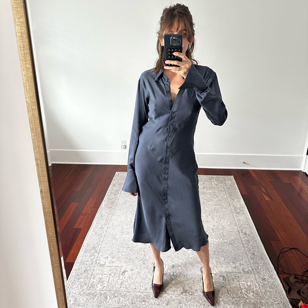 L'Academie Slate Blue Button-Front Satin Midi Dress
